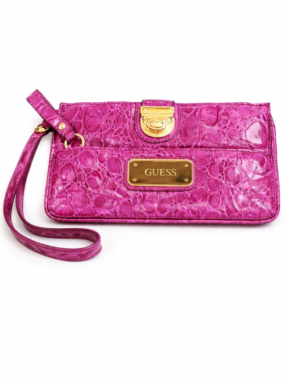 GUESS Hot Pink Croc Embossed Patent Wristlet Clutch Gold Logo Y2K Glam